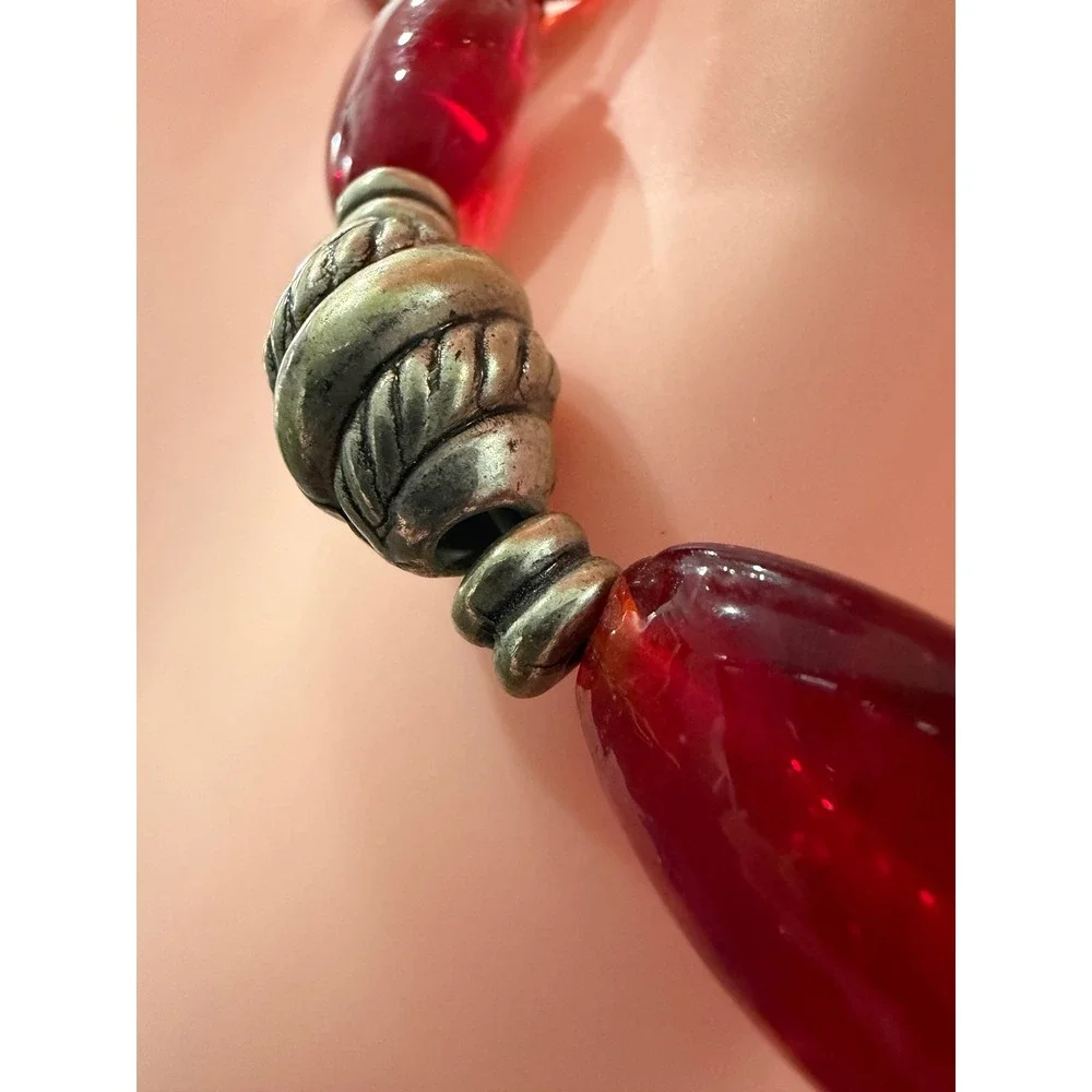 Boho Red Oval Bead Statement Necklace Antiqued Silver Tone Teardrop Charms